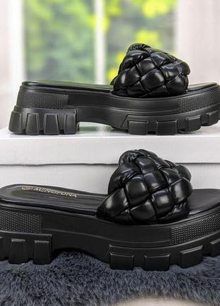 Шльопанці жіночі чорні еко-шкіра плетінка на платформі mengfuna 4134