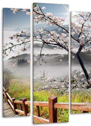 Модульна картина у вітальню/спальню  сакура в пейзажі гір lm001_5