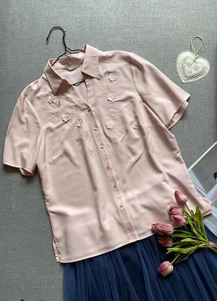 Ніжно рожева, жіночна, блуза, з квітами, marks&spencer, з короткими рукавами, з вишивкою, з аплікацією,