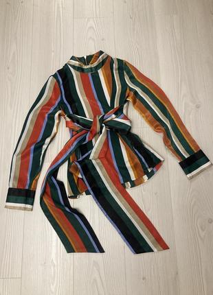 Шовкова блуза у смужку з поясом ділова яскрава подовжена