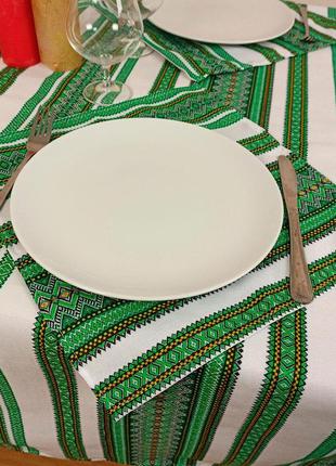 Праздничная тканая скатерть с орнаментом + 6 салфеток, 230х145 см, зеленый3 фото