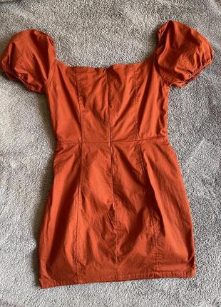 Оранжевое кирпичное терракотовое коричневое платье с рукавами воланами шнуровкой7 фото