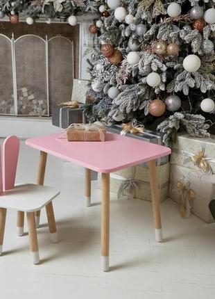 Рожевий прямокутний стіл і стільчик дитячий зайка з білим сидінням. рожевий дитячий столик10 фото