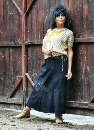 Юбка в пятна макси длинная с поясом под замшевую вышивкой в бохо стиле