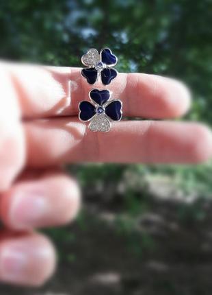 🫧 17.5 - 18 размер кольцо  клевер серебро эмаль синий фианит белый2 фото