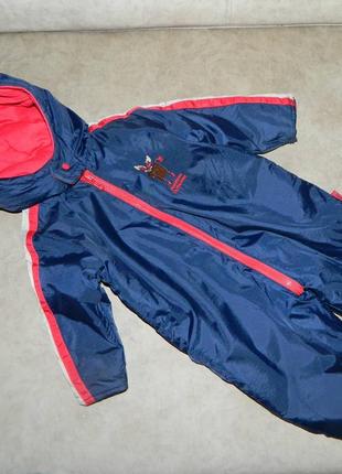 Комбинезон детский  болоневый синий с красным на малыша 3-6 месяцев.