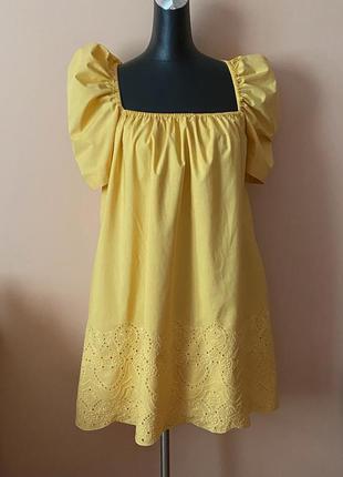 Желтое мини платье из прошвы с рукавами буфами zara2 фото