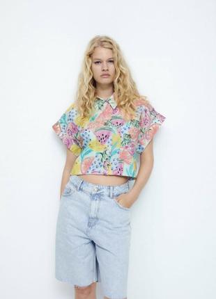 Укорочена поплінова літня сорочка у квітковий принт з нової коллекціі zara розмір s2 фото