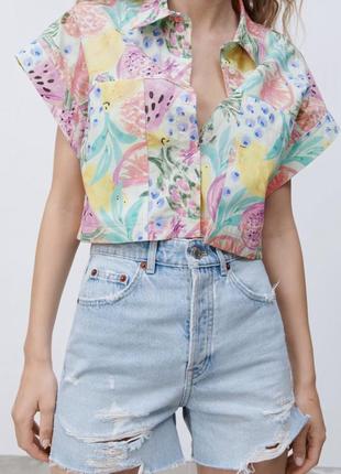 Укорочена поплінова літня сорочка у квітковий принт з нової коллекціі zara розмір s4 фото