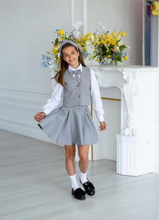 Костюм - двойка детский подростковый школьный жилетка юбка - солнце школьная форма  серый2 фото