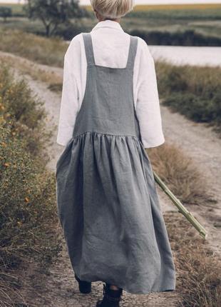 Серый сарафан оверсайз с карманами в стиле бохо из натурального льна6 фото