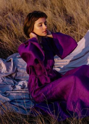 Фіолетова сукня оверсайз з рукавами-кльош та зав'язками на грудях з натурального льону5 фото