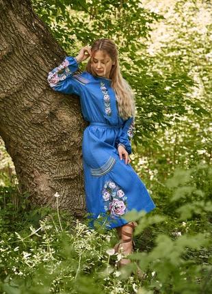 Платье вышиванка синего цвета классическое вышиванка женское платье вышитое красивое из льна 4533