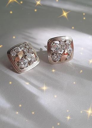 🛍 серьги серебро с золотом фианит белый