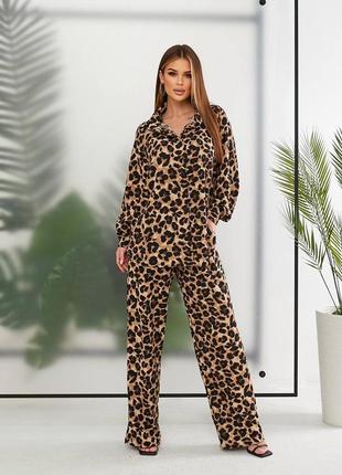 Брючный костюм леопардовый зебра черный белый бежевый коричневый анималистический брюки штаны широкие прямые палаццо рубашка кофта кардиган блуза