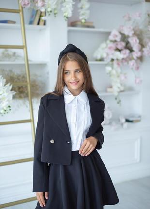 Костюм двойка детский подростковый для девочки двубортный пиджак юбка - солнце школьная форма черная6 фото