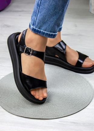 Стильные черные женские босоножки/сандали на толстой подошве кожаные/кожа - женская обувь на лето4 фото