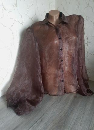 Рубашка блуза органза коричневая с принтом,1 фото