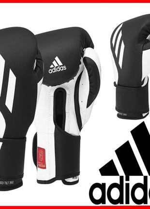 Боксерские перчатки кожаные adidas speed tilt 350 профессиональные тренировочные черные 10 ,12 oz спаринг бокс