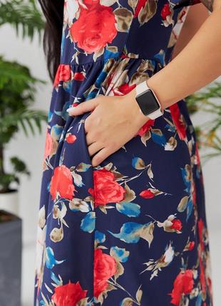 Платье - макси женское летнее штапельное длинное с коротким рукавом батал цветочное синее4 фото