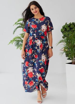 Платье - макси женское летнее штапельное длинное с коротким рукавом батал цветочное синее1 фото