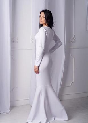 Вечернее и простое свадебное женское платье-рыбка (русалка) в пол, длинное с с рукавами, трикотажное. белое2 фото