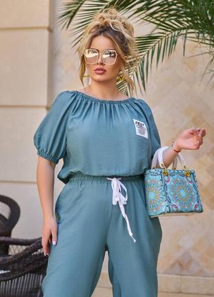 Крутой женский летний льняной комбинезон батал2 фото