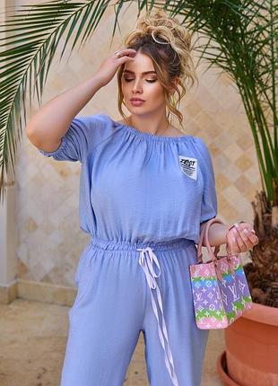 Крутой женский летний льняной комбинезон батал5 фото