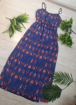Синій довгий сарафан із оригінальним принтом сукня 👗