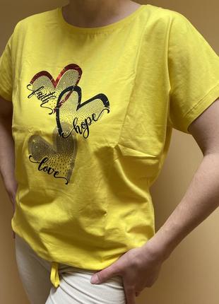 Желтая яркая футболка на завязках с принтом сердечки💛💛💛5 фото