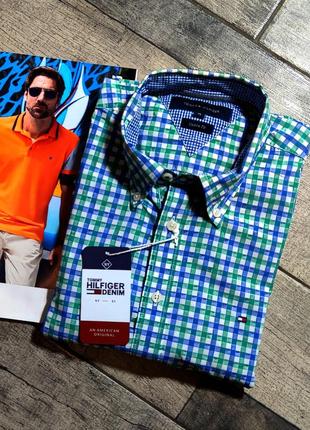 Мужская элегантная хлопковая тенниска tommy hilfiger в зелёном цвете в клетку оригинал размер m