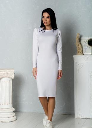 Платье женское трикотажное футляр по колено, длинные рукава,обтягивающее,классическое. 38 белый2 фото