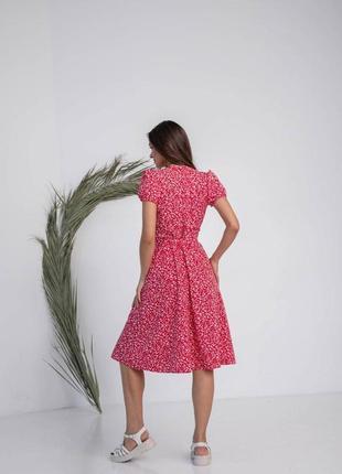 Сукня жіноча міді із запахом червона з короткими рукавами ліхтарик4 фото