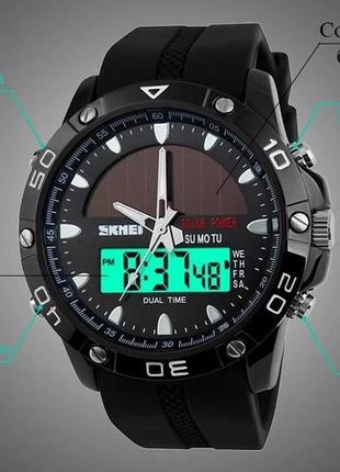 Спортивний чоловічий годинник skmei 1064 solar чорний наручний з сонячною батареєю8 фото