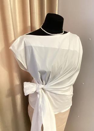 Модна нарядна блузка топ zara біла котон з бантом на талії