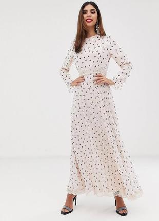 Платье макси плиссированное и кружевными вставками в горошек asos design
