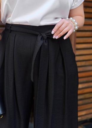 Шикарные льняные брюки с поясом широкие палаццо черные синие коричневые большого размера батал расклешенные прямые юбка пояс на резинке2 фото