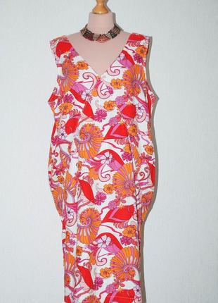 Платье батал 18 без рукавов цветное натуральное миди свободное