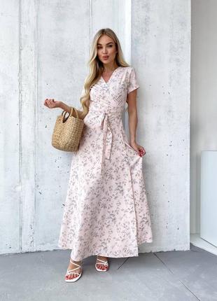 Сукня жіноча довга в пол легка літня на літо повсякденна нарядна квіткова з поясом рожева бежева чорна біла блакитна на запах батал