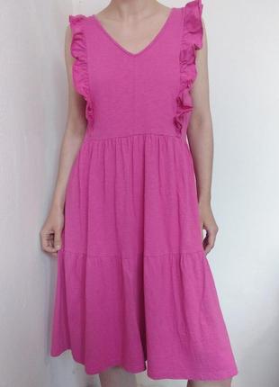 Хлопковое платье розовое платье коттон ярусное платье свободное платье миди платье розовое коттон платье с рюшами воланами платье7 фото