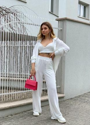 Роскошный брючный кости тройка летний свободный бирюзовый белый черный серый кроп топ блуза кофточка туника рубашка кардиган брюки штаны палаццо