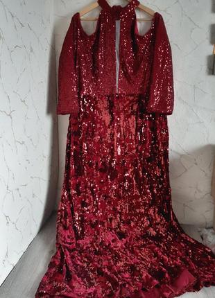 Шикарное вечернее длинное красное платье в пайетках,батал,4xl -56 размер3 фото