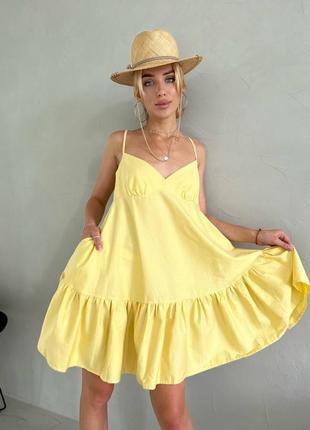 Лёгкое кокетливое короткое платье сарафан с оборками свободное расклешенное чёрное жёлтое малиновое мятное с декольте6 фото