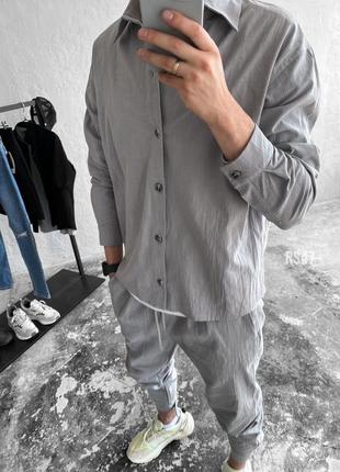 Комплект чоловічий сорочка + штани льон/жатка сірий2 фото