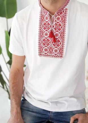 Вышиванка мужская. вышитая футболка белая с красным "зірка"2 фото
