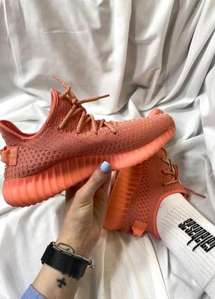 Текстильные летние кроссовки adidas yeezy boost 350 v2 coral (рефлективные шнурки)