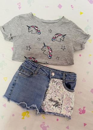 Шорты пайетки с футболкой единорог