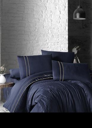 Комплект постільної білизни first choice deluxe dark series stripe style navy blue бавовна 220-200 см синій