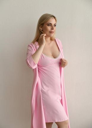 Бавовняний халат для вагітних та годуючих матусь на запах рожевий3 фото