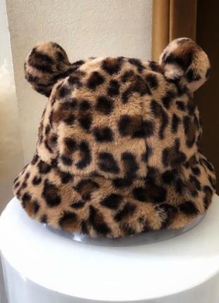 Женская шапка-панама леопардовая с ушками и кулиской, wuke one size